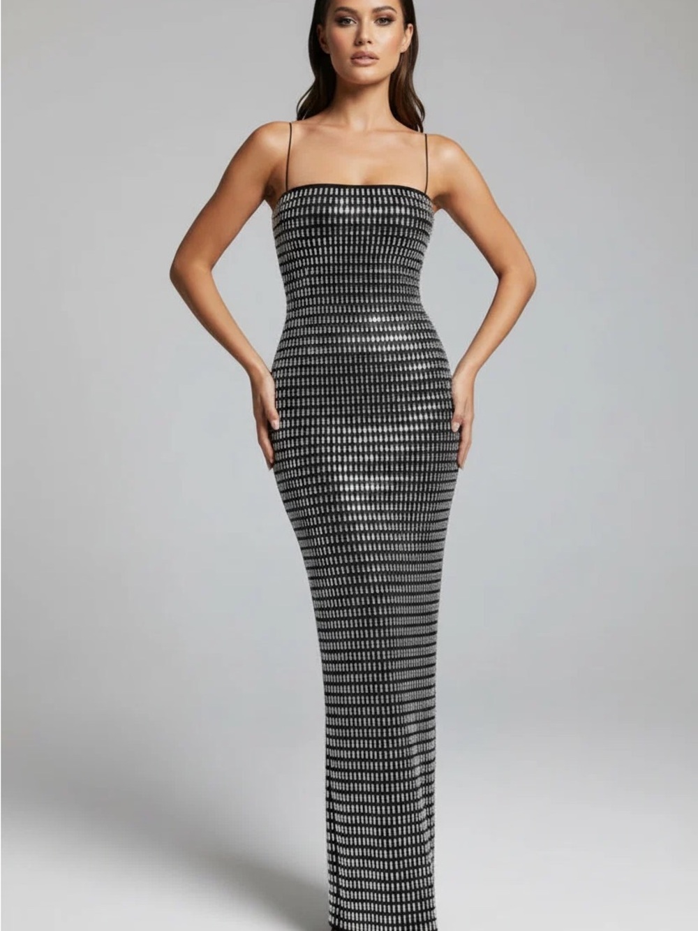Black & Silver Striped Sequin Column Dress